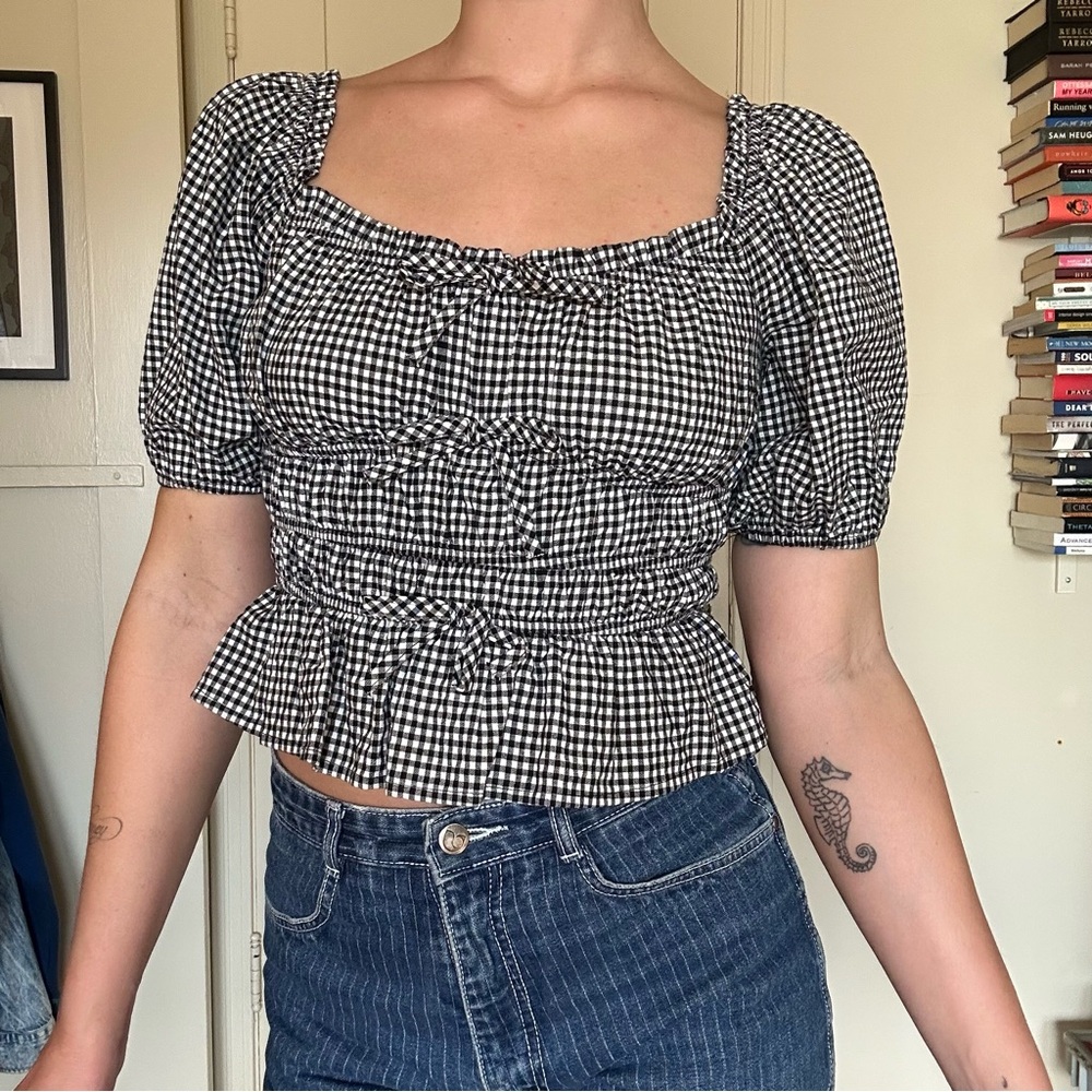 Gingham Puff Sleeve Blouse - Black and White